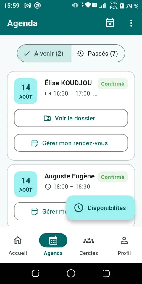 Écran d'agenda du praticien avec la liste des rendez-vous confirmés dans l'application afiadoc