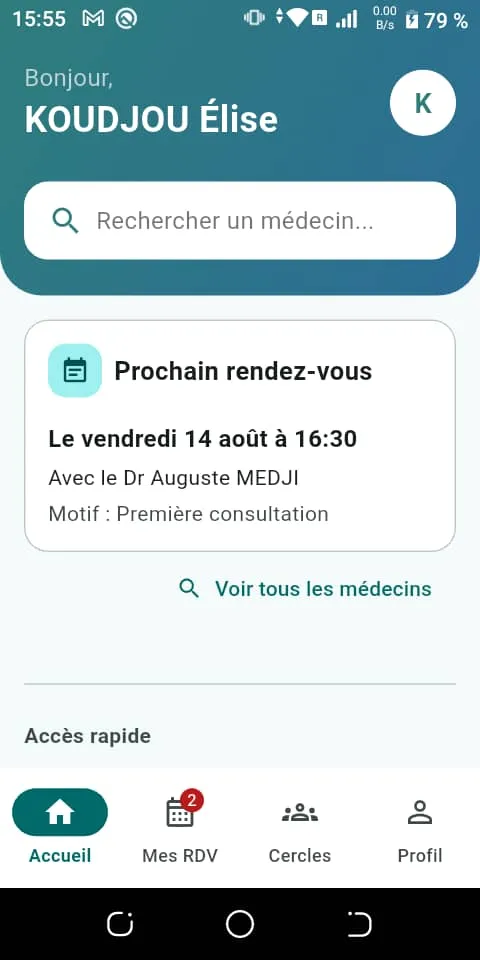 Écran d'accueil de l'application afiadoc, avec le prochain rendez-vous et la recherche de médecin