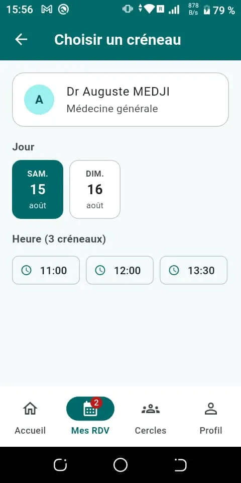 Écran de choix de créneau pour un rendez-vous avec un médecin dans l'application afiadoc